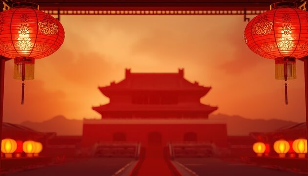 Glowing red lanterns illuminate an ancient Chinese palace gate during a vibrant sunset festival celebration
