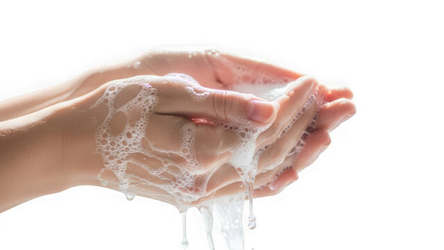 Hands washing with soap and water, creating lather and bubbles, emphasizing hygiene, cleanliness, and health, isolated on transparent background - Powered by Adobe