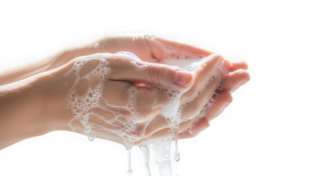 Hands washing with soap and water, creating lather and bubbles, emphasizing hygiene, cleanliness, and health, isolated on transparent background