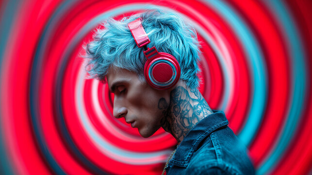 Trendy young man with blue hair and red headphones on abstract vibrant background - Powered by Adobe
