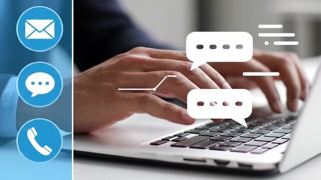 Professional Communication and Contact Management. Digital Contact Icons Overlay on Laptop. Email Phone and Chatbot Connectivity Interface.