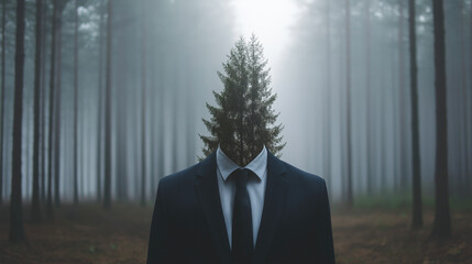 Naklejka premium Surreal concept of man in suit with tree as head in misty forest environment