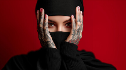Close-up portrait of tattooed person with covered face and intense eyes