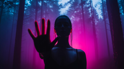 Silhouetted woman with hand raised in neon forest atmosphere with mysterious light