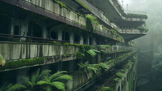 Cruise ship. Destroyed ruins abandoned buildings apocalypse scene of city. Aerial view of an abandoned multistory building with mosscovered balconies and ferns.