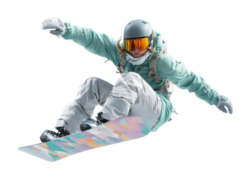 Fototapeta PNG Dynamic snowboarder in mid-air.