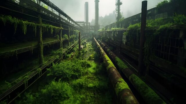 Destroyed ruins abandoned buildings apocalypse scene of city. Aerial view of an abandoned industrial area with overgrown vegetation and machinery, set against a misty backdrop.