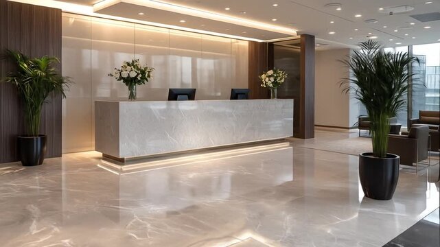 Modern office reception area with reception desk and plants