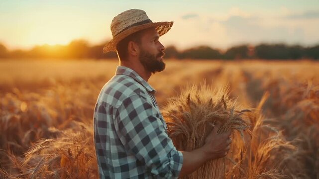 A man in a checkered shirt and straw hat stands amidst a wheat field during sunset. The sun casts a warm, golden hue over the scene.