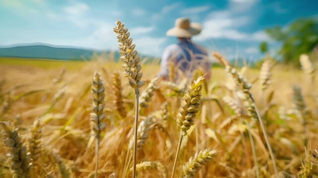 A vivid portrayal of a wheat field under a partly cloudy sky, with a farmer in the distance. The farmer, wearing a straw hat, is surrounded by tall, golden wheat stalks.
