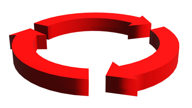 3D three red rotating arrows (Isometric view) isolated on transparent background.