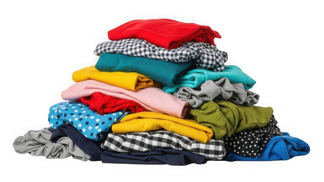 A large, colorful, and messy pile of various clothes, including tshirts, sweaters, and pants, isolated on transparent background