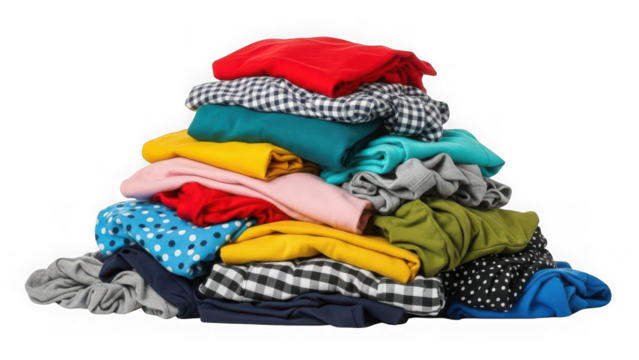 A large, colorful, and messy pile of various clothes, including tshirts, sweaters, and pants, isolated on transparent background