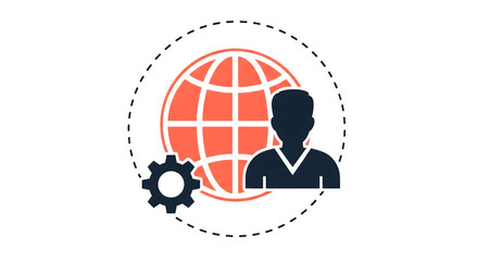 Icon of a person and gear in front of a globe with dashed circle on black background user profile isolated on a transparent background
