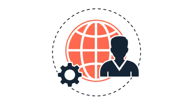 Icon of a person and gear in front of a globe with dashed circle on black background user profile isolated on a transparent background - Powered by Adobe