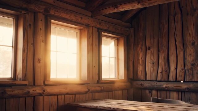 Warm light inside a cozy wooden cabin with sunlight streaming through the windows