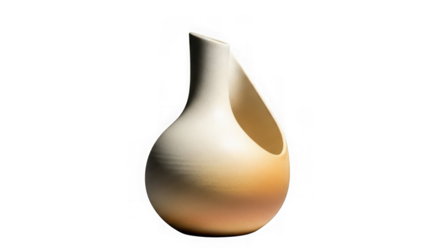 Modern ceramic vase with a unique, organic shape and a beautiful white to warm orange gradient, isolated on transparent background