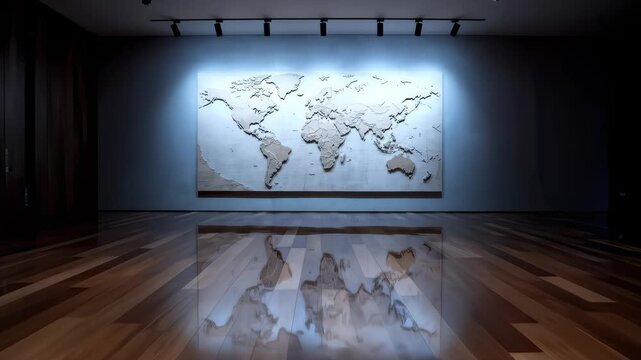 Camera Dollies Toward World Map Artwork in Gallery Space