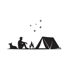 Silhouette of man dog tent and campfire under stars