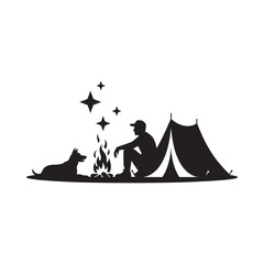 Silhouette of person and dog camping by a campfire