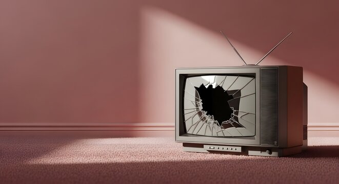 Broken vintage television set with shattered screen sitting in a minimalist pink room for media disruption concept and retro aesthetic