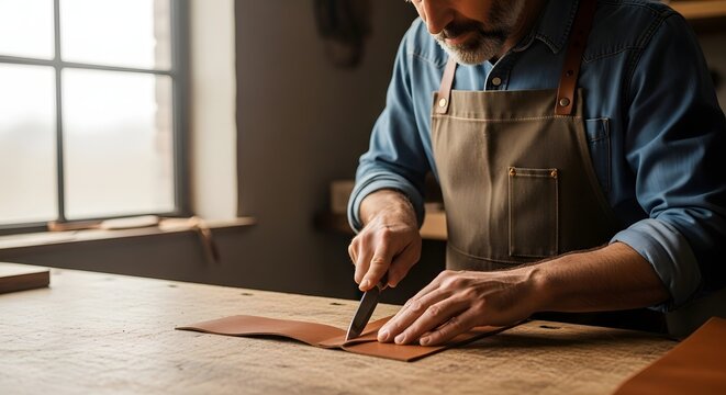 A skilled craftsman meticulously cutting leather on a wooden workbench in a sunlit workshop for a traditional artistry concept and handmade quality