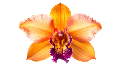 A vibrant close-up of an orchid with layered petals, showcasing orange and purple hues