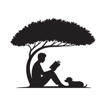 Silhouette of person reading under a tree with a dog