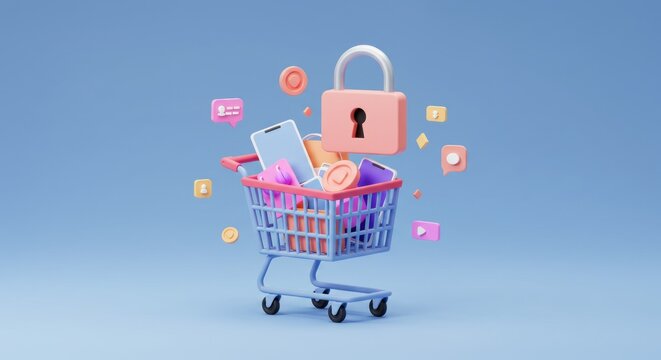 Secure Online Shopping: 3D Render of Shopping Cart, Lock, and Social Media Icons.
