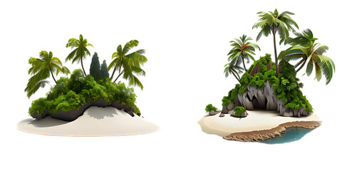 Two Tropical Islands with Palm Trees and Lush Greenery on White Background paradise island isolated on a transparent background