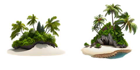 Two Tropical Islands with Palm Trees and Lush Greenery on White Background paradise island isolated on a transparent background