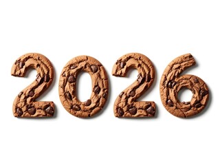 Obraz premium Chocolate chip cookie numbers spelling out the year 2026 isolated on white