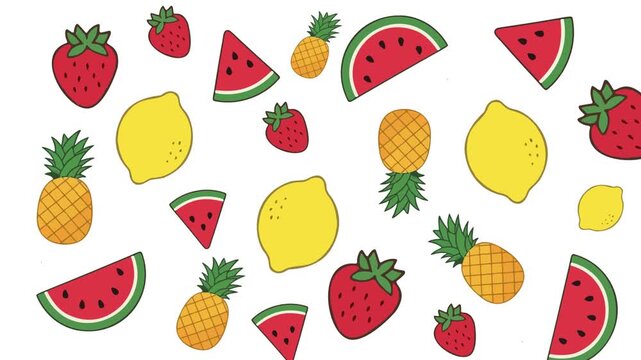 Seamless loop animation of summer fruits pattern. Pineapple, watermelon, lemon, and strawberry on white background