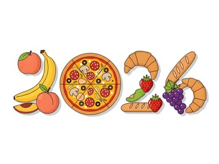 Digit shaped food arrangement illustrates the year 2026 on white background