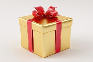Obraz premium Luxury golden gift box with a red ribbon bow. Isolated 3D render object on a white background.
