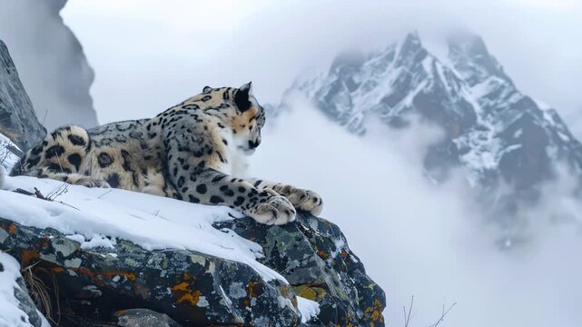 Snow leopard resting on snowy rock with mountain in background