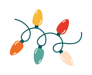 Colorful holiday string lights with festive bulbs. Flat style vector illustration. Ideal for seasonal borders, holiday decor, greeting cards, stickers, graphics for Christmas and New Year celebration