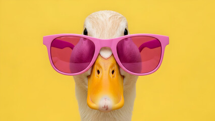 Cool Duck Wearing Pink Sunglasses on Yellow Background - Funny Stylish Duck Portrait