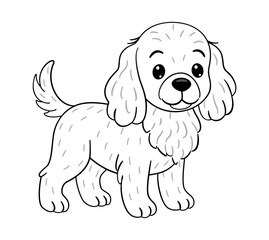 Cute dog, Cocker Spaniel standing and looking friendly with wagging tail. Doodle style Black and white line art. Ideal for pet themed illustrations, fun ideas for craft projects, coloring pages.