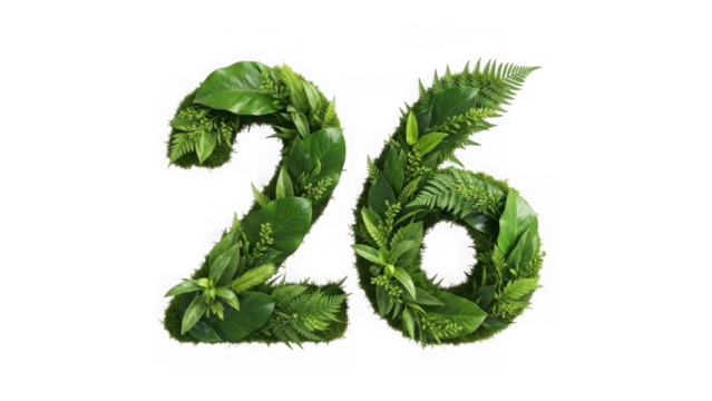 Number twentysix crafted from vibrant green leaves, symbolizing nature, growth, and environmental concepts, isolated on transparent background