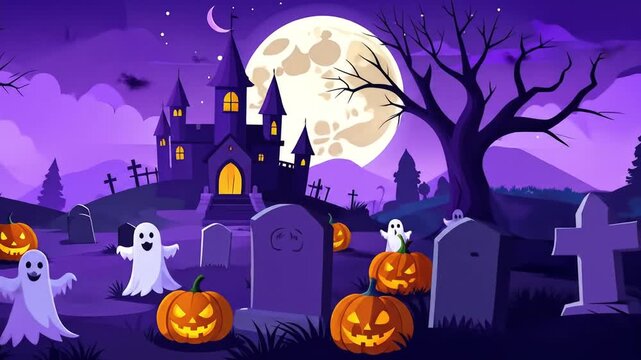 Spooky halloween night scene with pumpkins ghosts and castle