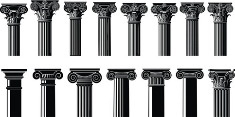 Obraz premium Classical architectural column illustration set, Greek and Roman pillars, Ionic Corinthian Doric designs, ancient architecture elements, decorative historic structure vector