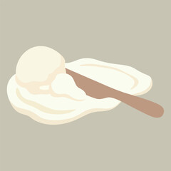 Scoop of melting white cream or ice cream resting beside a small wooden paddle or knife, a simple flat vector design.