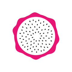 Cross-section of vibrant pink dragon fruit with white flesh and scattered black seeds, a striking flat vector icon.