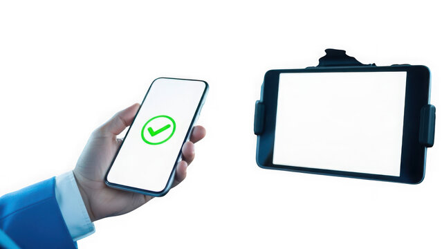Hand holding a smartphone with a green checkmark indicating success, next to a tablet with a blank screen, isolated on transparent background - Powered by Adobe