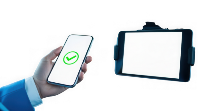 Hand holding a smartphone with a green checkmark indicating success, next to a tablet with a blank screen, isolated on transparent background