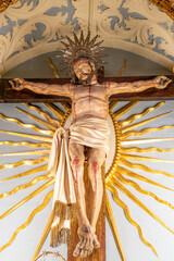 Crucifix of Jesus Christ seen from below to see if the penis.