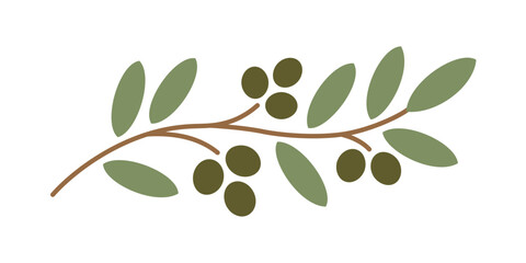 Simple flat vector illustration of an olive branch with green leaves and dark olives, representing Mediterranean food and peace. © MD. MAHRUF ZAMAN