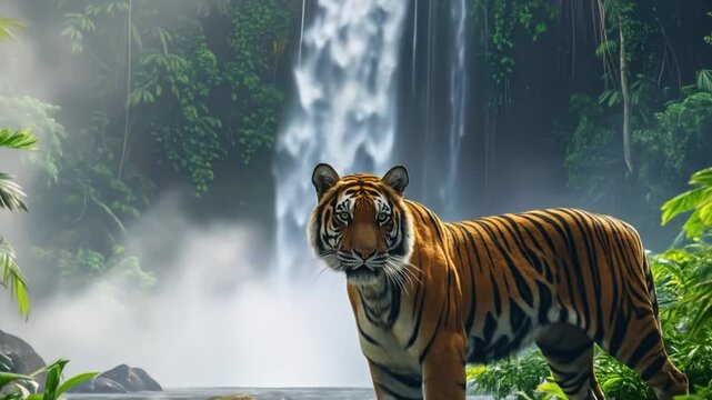Tiger stands near waterfall in lush jungle environment - Powered by Adobe