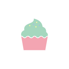 Sweet cupcake featuring pink wrapper, mint green frosting, and colorful sprinkles, a flat vector dessert icon for celebrations and treats.